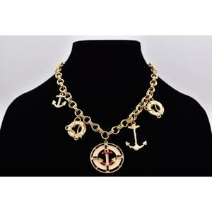 MJ Ent Vintage Nautical Charm Necklace Helm Anchor Buoy RWB Enamel Signed 80s 9A